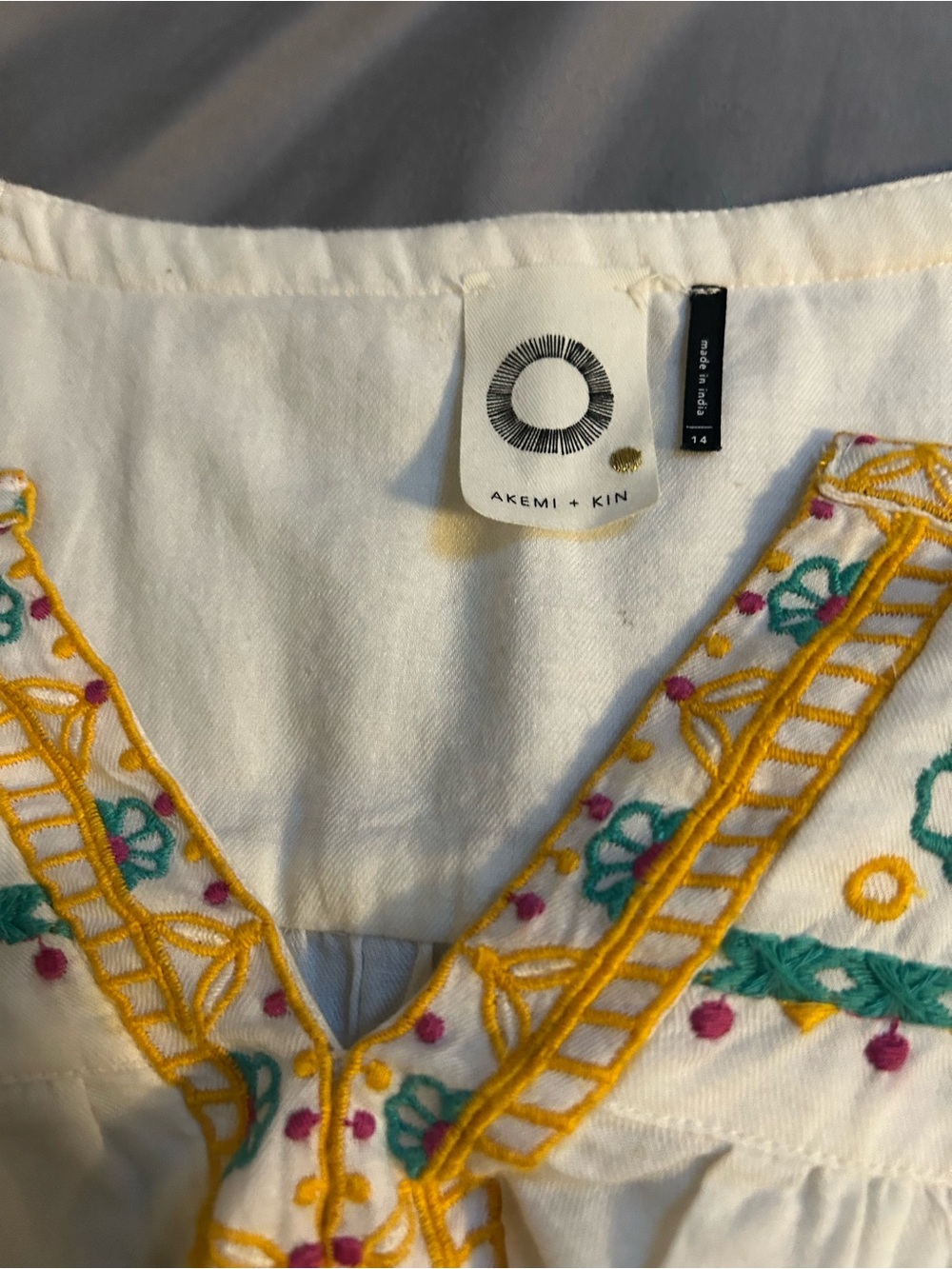 Embroidered White Cotton Peasant Top with Yellow & Teal Accents - Picture 6 of 8